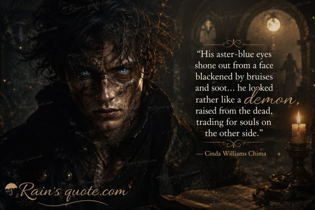 “His aster-blue eyes shone out from a face blackened by bruises and soot… he looked rather like a demon, raised from the dead, trading for souls on the other side.”