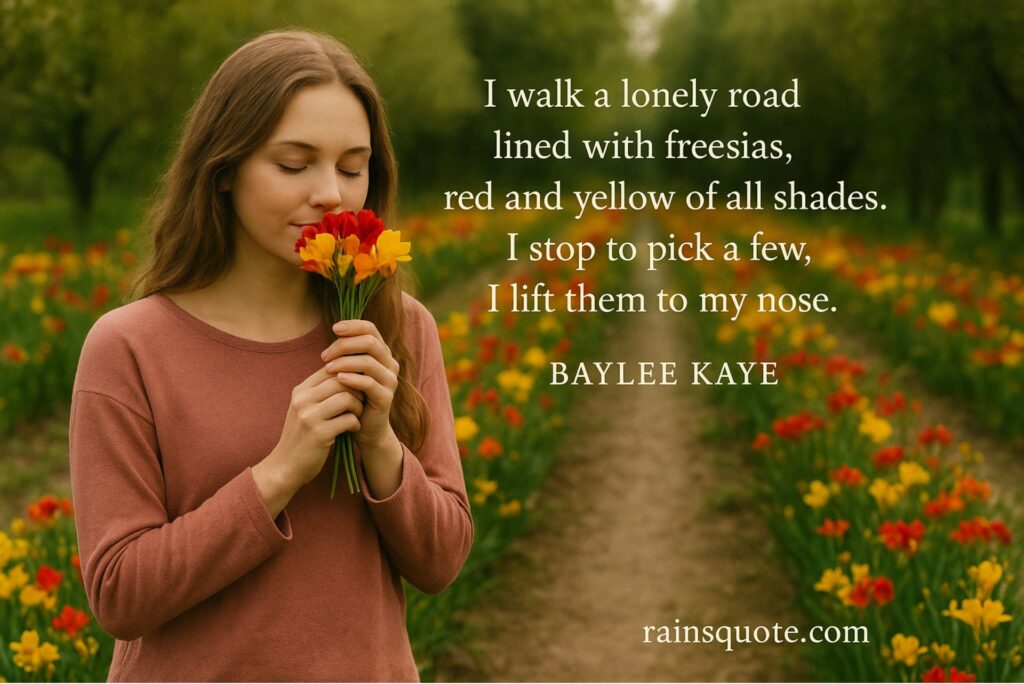 “I walk a lonely road lined with freesias, red and yellow of all shades. I stop to pick a few, I lift them to my nose.”