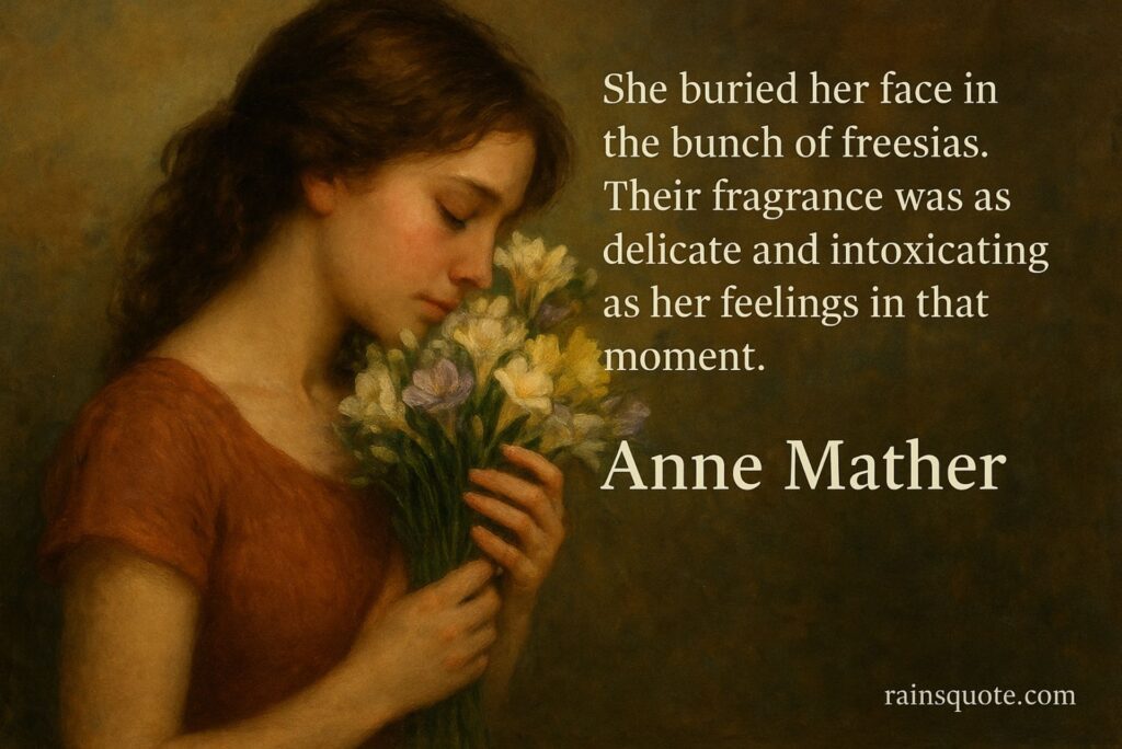 “She buried her face in the bunch of freesias. Their fragrance was as delicate and intoxicating as her feelings in that moment.”