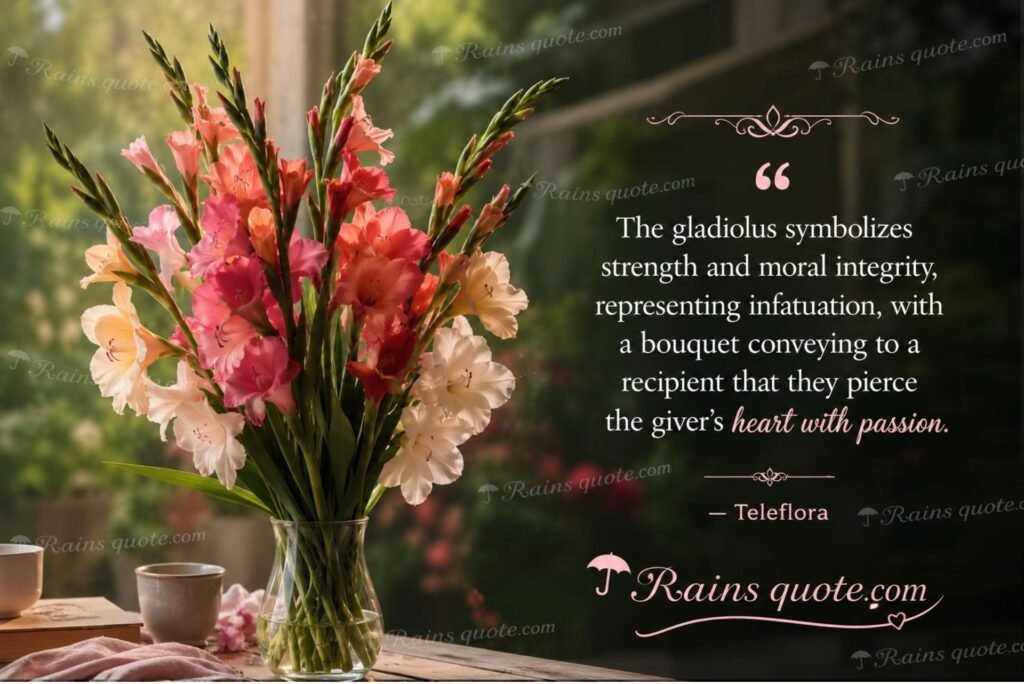 “The gladiolus symbolizes strength and moral integrity, representing infatuation, with a bouquet conveying to a recipient that they pierce the giver's heart with