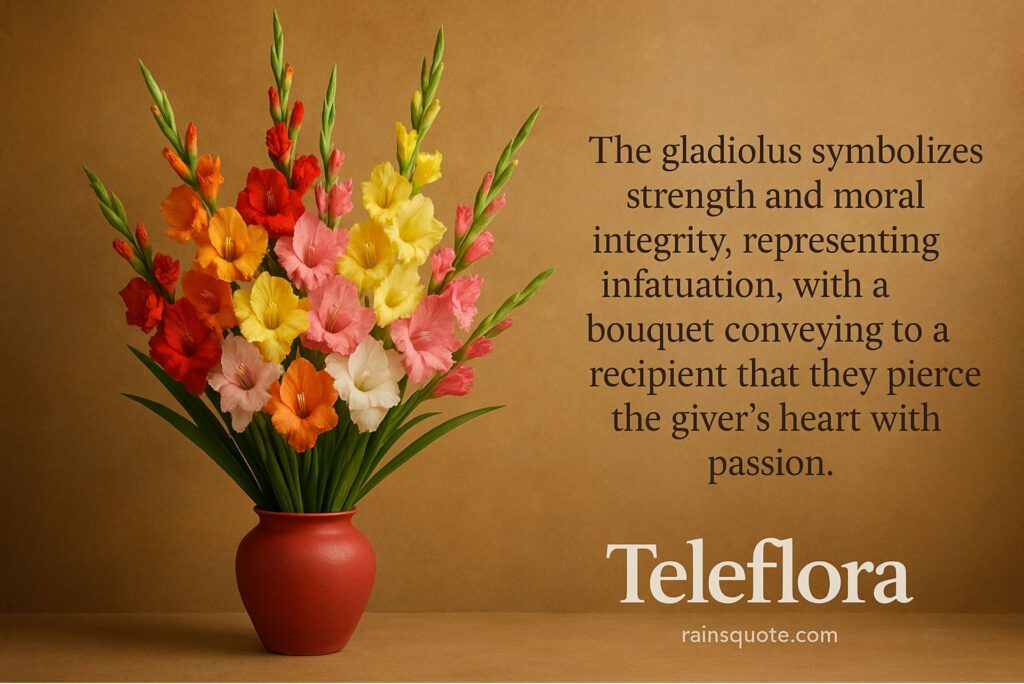 “The gladiolus symbolizes strength and moral integrity, representing infatuation, with a bouquet conveying to a recipient that they pierce the giver's heart with passion.”