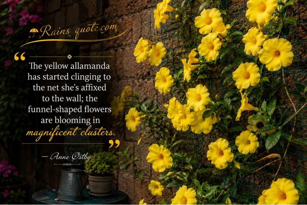 “The yellow allamanda has started clinging to the net she's affixed to the wall; the funnel-shaped flowers are blooming in magnificent clusters.”