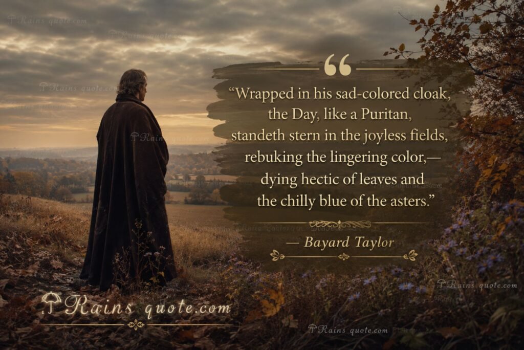 “Wrapped in his sad-colored cloak, the Day, like a Puritan, standeth stern in the joyless fields, rebuking the lingering color,—dying hectic of leaves and the chilly blue of the asters.”