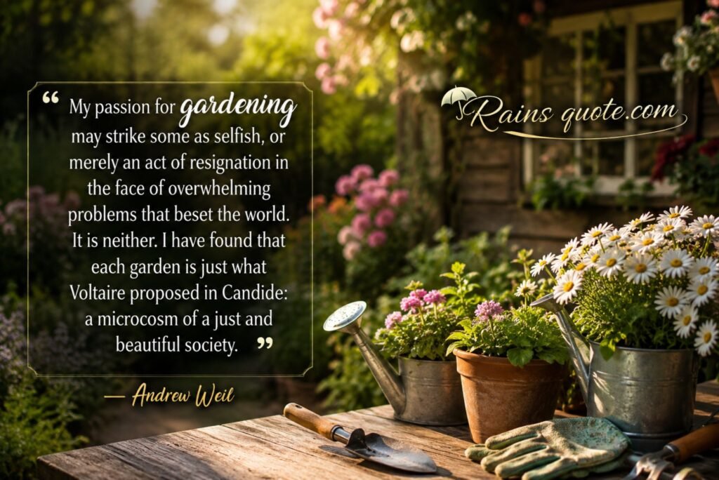 “My passion for gardening may strike some as selfish, or merely an act of resignation in the face of overwhelming problems that beset the world. It is neither. I have found that each garden is just what Voltaire proposed in Candide: a microcosm of a just and beautiful society.”