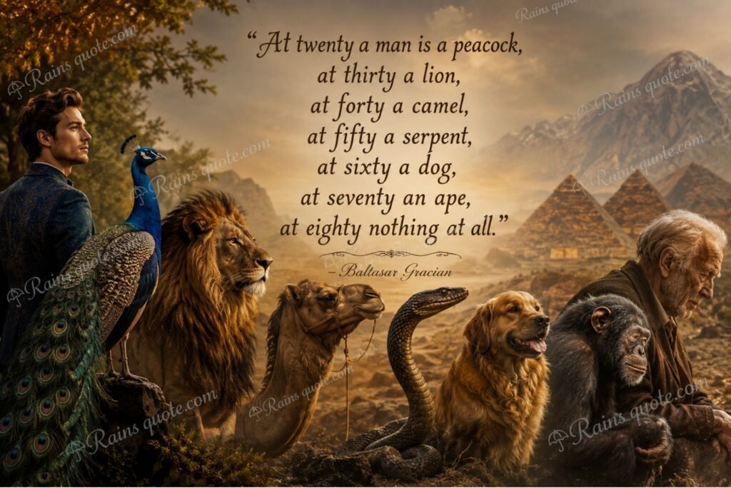 “At twenty a man is a peacock, at thirty a lion, at forty a camel, at fifty a serpent, at sixty a dog, at seventy an ape, at eighty nothing at all.”