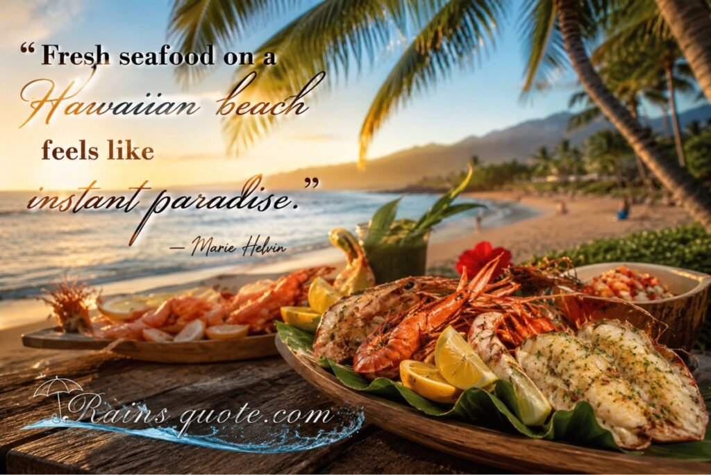 “Fresh seafood on a Hawaiian beach feels like instant paradise.”