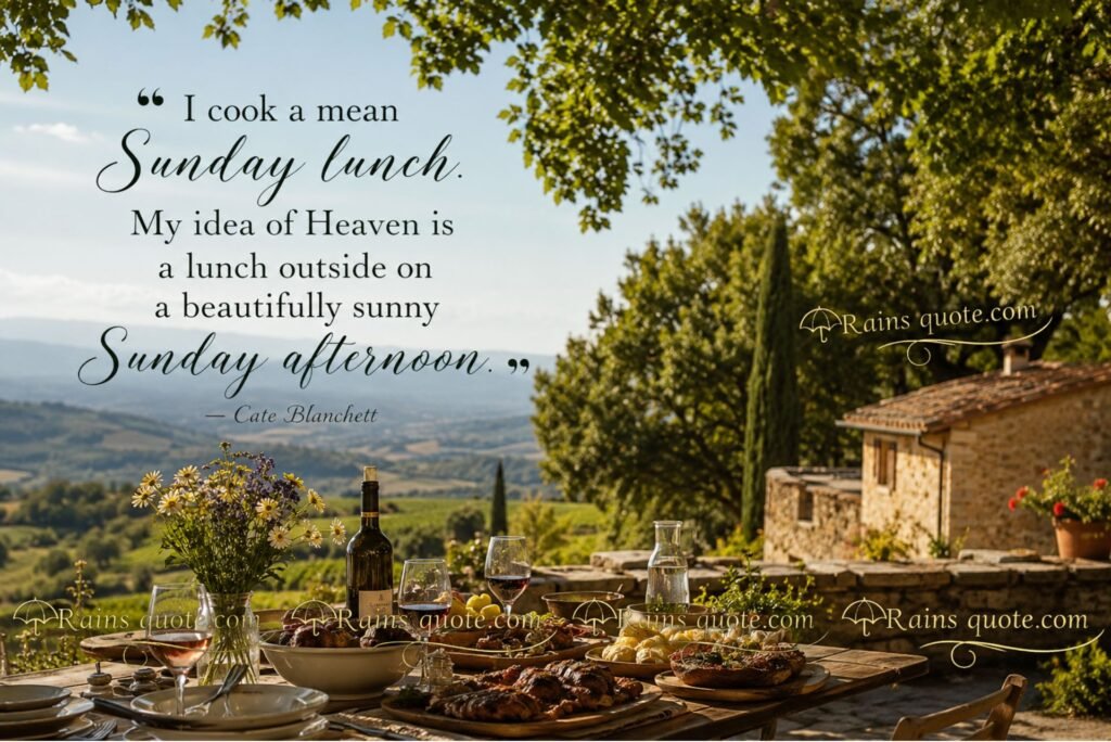 “I cook a mean Sunday lunch. My idea of Heaven is a lunch outside on a beautifully sunny Sunday afternoon.”