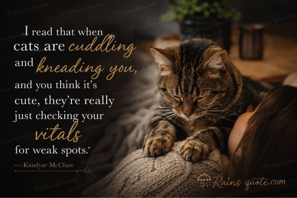“I read that when cats are cuddling and kneading you, and you think it's cute, they're really just checking your vitals for weak spots.”