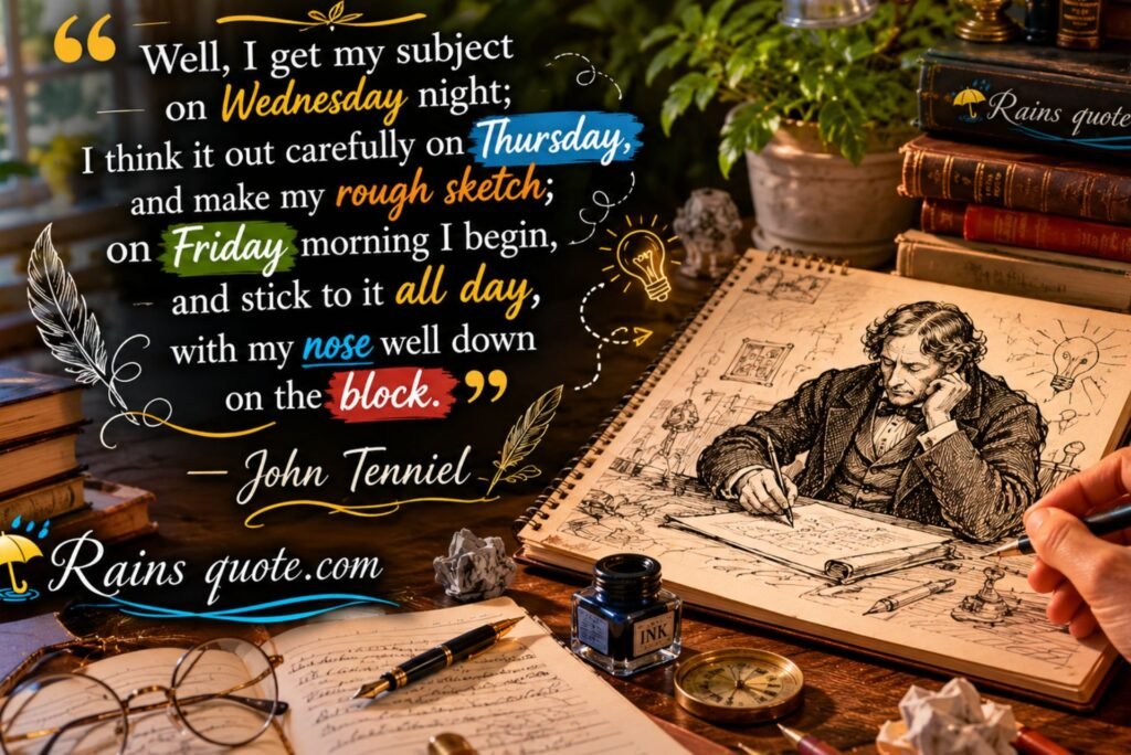 “Well, I get my subject on Wednesday night; I think it out carefully on Thursday, and make my rough sketch; on Friday morning I begin, and stick to it all day, with my nose well down on the block.”