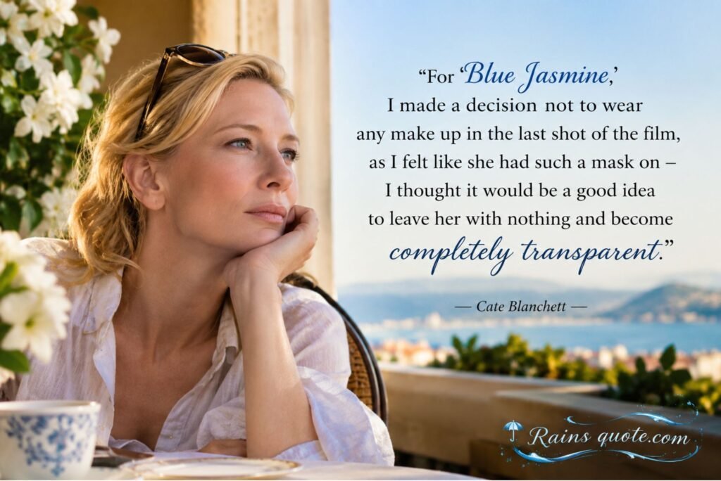 “For 'Blue Jasmine,' I made a decision not to wear any make up in the last shot of the film, as I felt like she had such a mask on - I thought it would be a good idea to leave her with nothing and become completely transparent.”