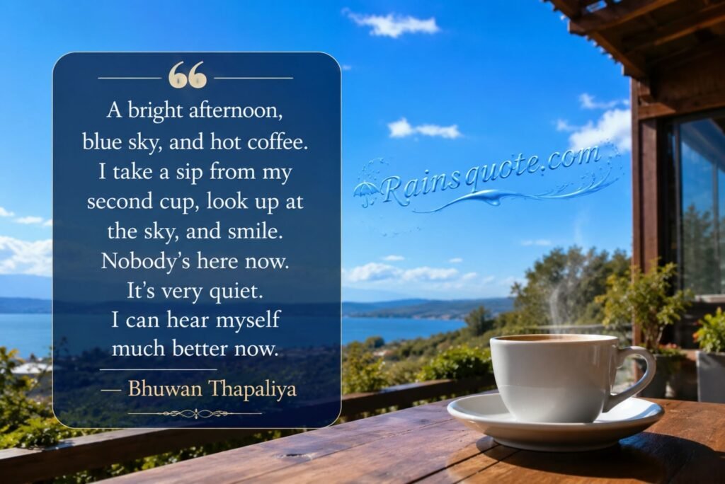 “A bright afternoon, blue sky, and hot coffee. I take a sip from my second cup, look up at the sky, and smile. Nobody’s here now. It’s very quiet. I can hear myself much better now.”