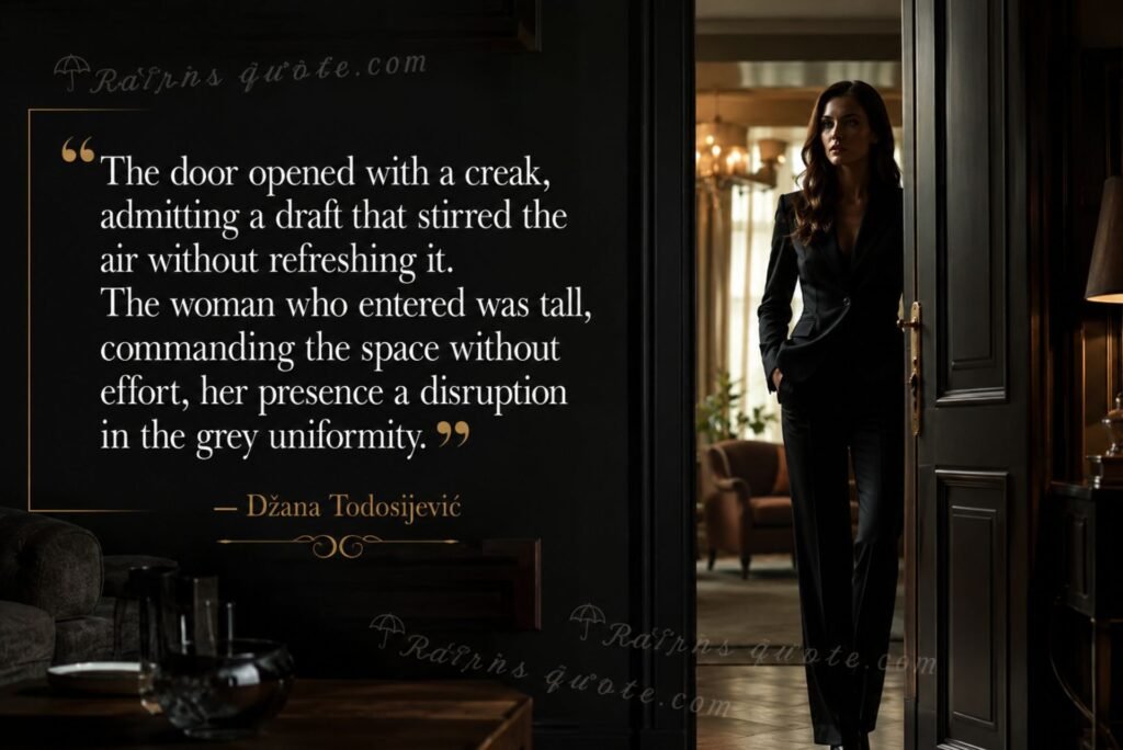 “The door opened with a creak, admitting a draft that stirred the air without refreshing it. The woman who entered was tall, commanding the space without effort, her presence a disruption in the grey uniformity.”