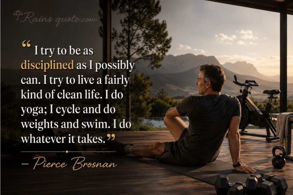 “I try to be as disciplined as I possibly can. I try to live a fairly kind of clean life. I do yoga; I cycle and do weights and swim. I do whatever it takes.”