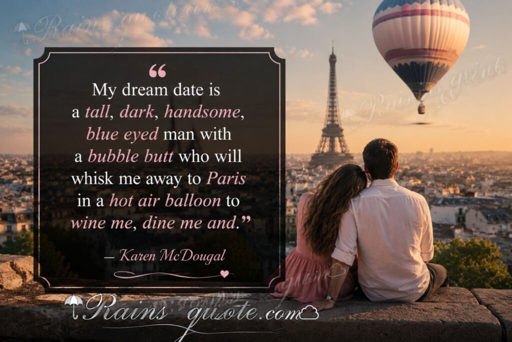 “My dream date is a tall, dark, handsome, blue eyed man with a bubble butt who will whisk me away to Paris in a hot air balloon to wine me, dine me and.”
