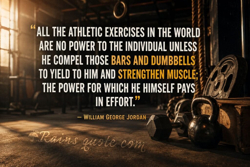 “All the athletic exercises in the world are no power to the individual unless he compel those bars and dumbbells to yield to him and strengthen muscle; the power for which he himself pays in effort.”