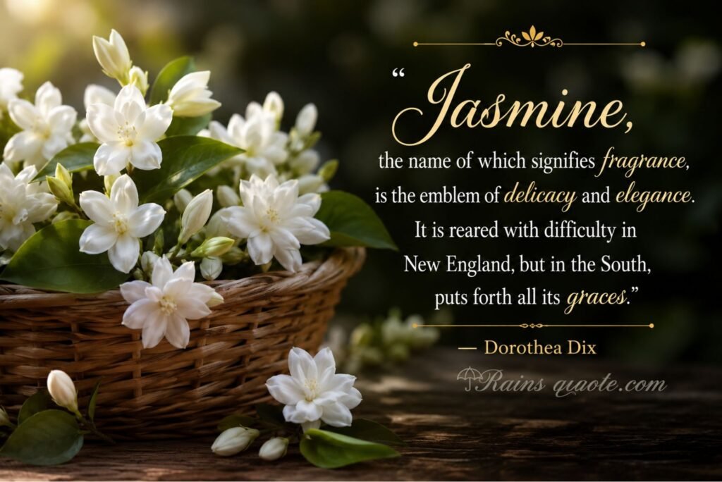 “Jasmine, the name of which signifies fragrance, is the emblem of delicacy and elegance. It is reared with difficulty in New England, but in the South, puts forth all its graces.”