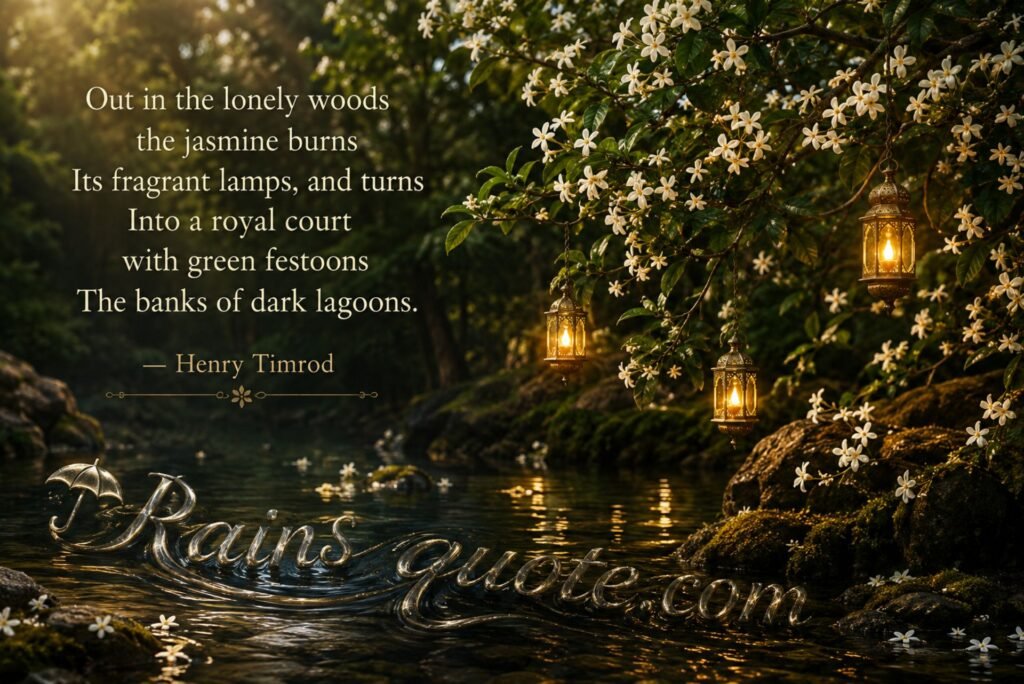 “Out in the lonely woods the jasmine burns Its fragrant lamps, and turns Into a royal court with green festoons The banks of dark lagoons.”