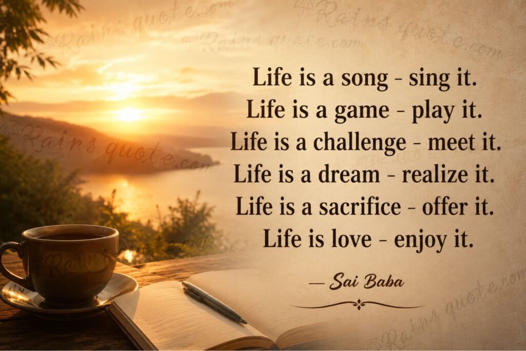“Life is a song - sing it. Life is a game - play it. Life is a challenge - meet it. Life is a dream - realize it. Life is a sacrifice - offer it. Life is love - enjoy it.”