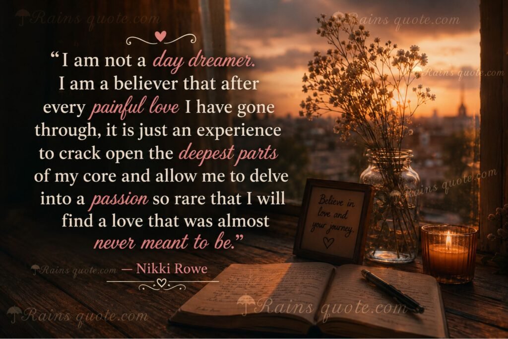 “I am not a day dreamer. I am a believer that after every painful love I have gone through, it is just an experience to crack open the deepest parts of my core and allow me to delve into a passion so rare that I will find a love that was almost never meant to be.”