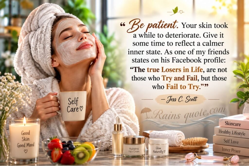  “Be patient. Your skin took a while to deteriorate. Give it some time to reflect a calmer inner state. As one of my friends states on his Facebook profile: "The true Losers in Life, are not those who Try and Fail, but those who Fail to Try.””