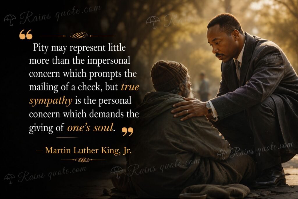 “Pity may represent little more than the impersonal concern which prompts the mailing of a check, but true sympathy is the personal concern which demands the giving of one's soul.”
