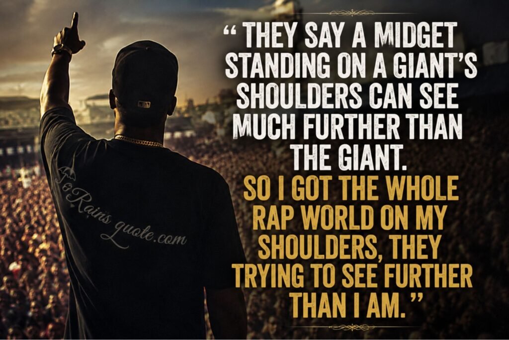 “They say a midget standing on a giant's shoulders can see much further than the giant. So I got the whole rap world on my shoulders, they trying to see further than I am.”