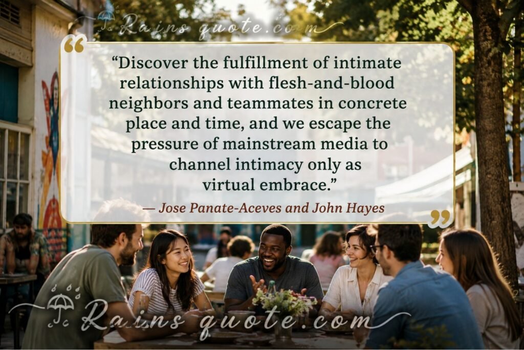  “Discover the fulfillment of intimate relationships with flesh-and-blood neighbors and teammates in concrete place and time, and we escape the pressure of mainstream media to channel intimacy only as virtual embrace.”