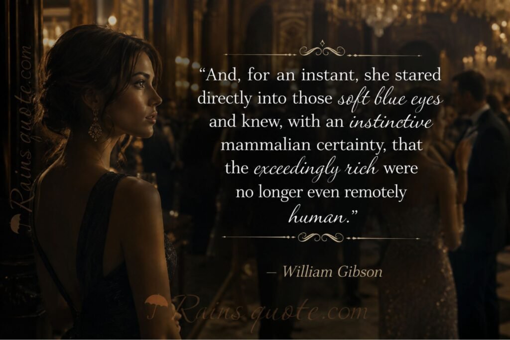 “And, for an instant, she stared directly into those soft blue eyes and knew, with an instinctive mammalian certainty, that the exceedingly rich were no longer even remotely human.”