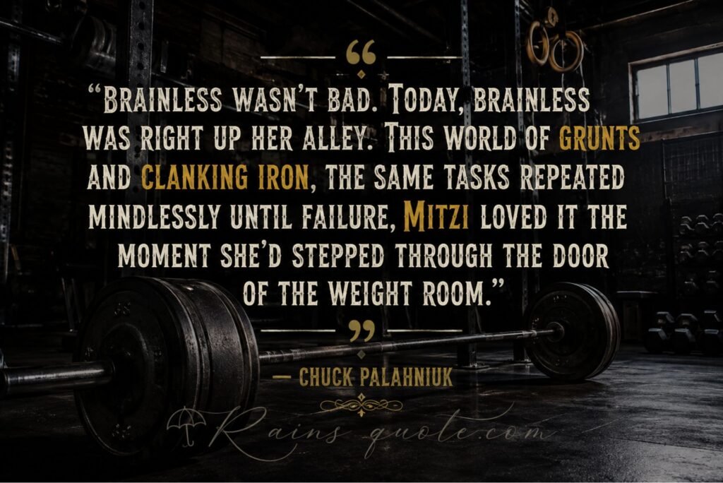 “Brainless wasn't bad. Today, brainless was right up her alley. This world of grunts and clanking iron, the same tasks repeated mindlessly until failure, Mitzi loved it the moment she'd stepped through the door of the weight room.”