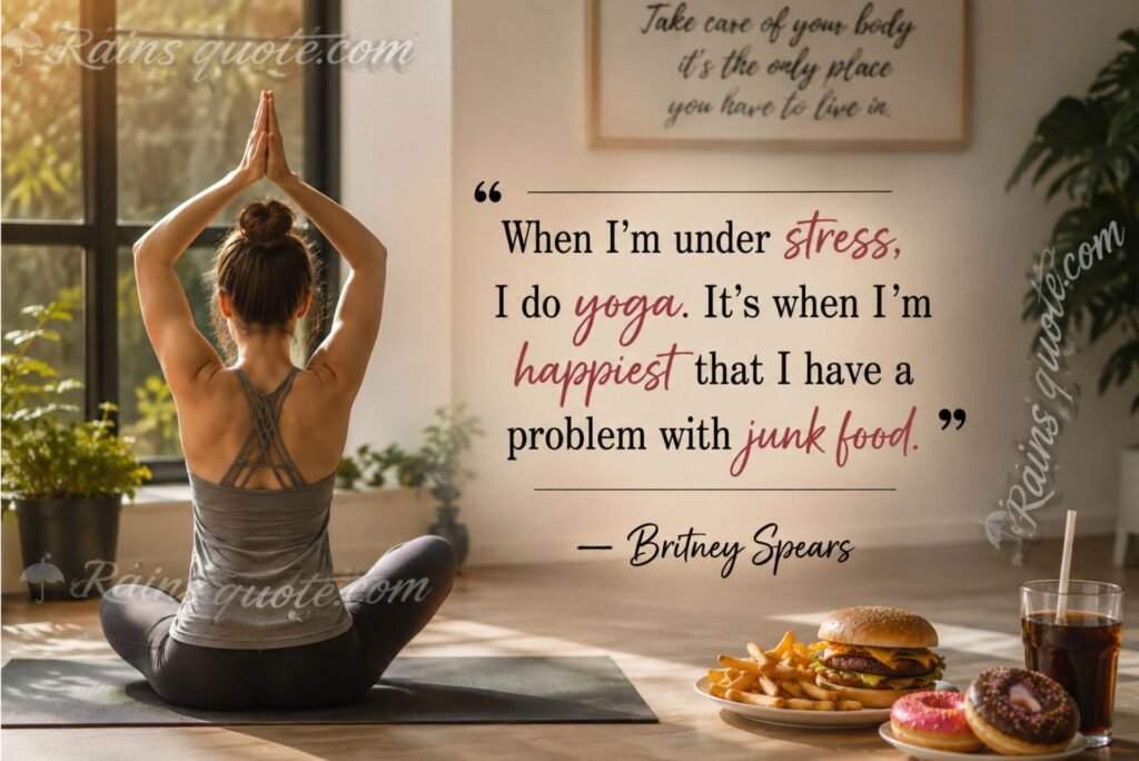 “When I'm under stress, I do yoga. It's when I'm happiest that I have a problem with junk food.”