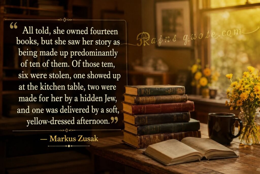 “All told, she owned fourteen books, but she saw her story as being made up predominantly of ten of them. Of those ten, six were stolen, one showed up at the kitchen table, two were made for her by a hidden Jew, and one was delivered by a soft, yellow-dressed afternoon.”