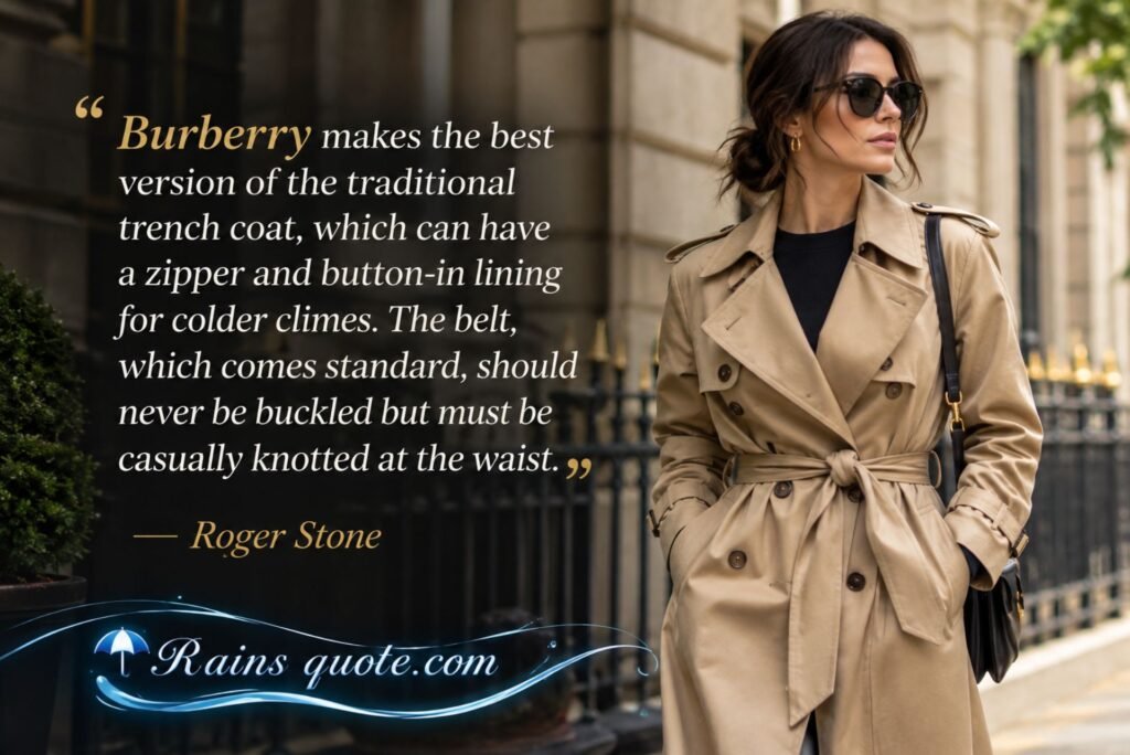 “Burberry makes the best version of the traditional trench coat, which can have a zipper and button-in lining for colder climes. The belt, which comes standard, should never be buckled but must be casually knotted at the waist.”