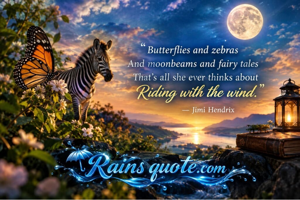 “Butterflies and zebras And moonbeams and fairy tales That's all she ever thinks about Riding with the wind.”