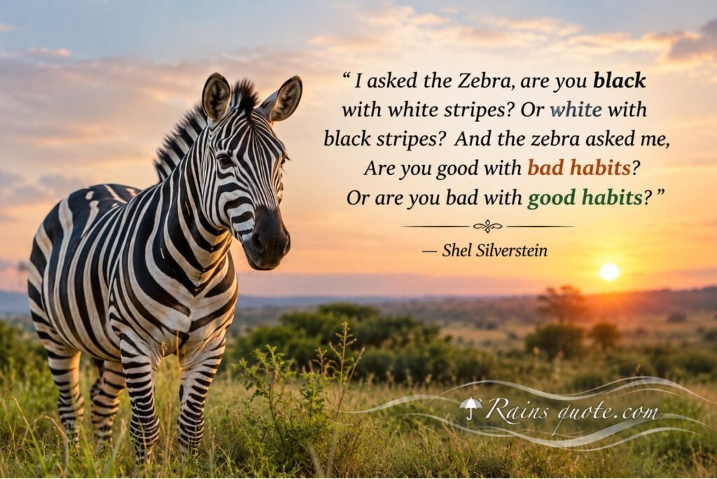 “I asked the Zebra, are you black with white stripes? Or white with black stripes? And the zebra asked me, Are you good with bad habits? Or are you bad with good habits?”