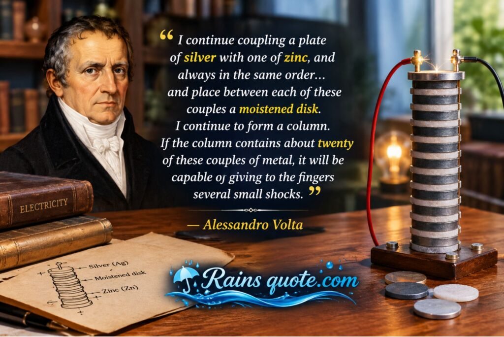 “I continue coupling a plate of silver with one of zinc, and always in the same order... and place between each of these couples a moistened disk. I continue to form a column. If the column contains about twenty of these couples of metal, it will be capable of giving to the fingers several small shocks.”