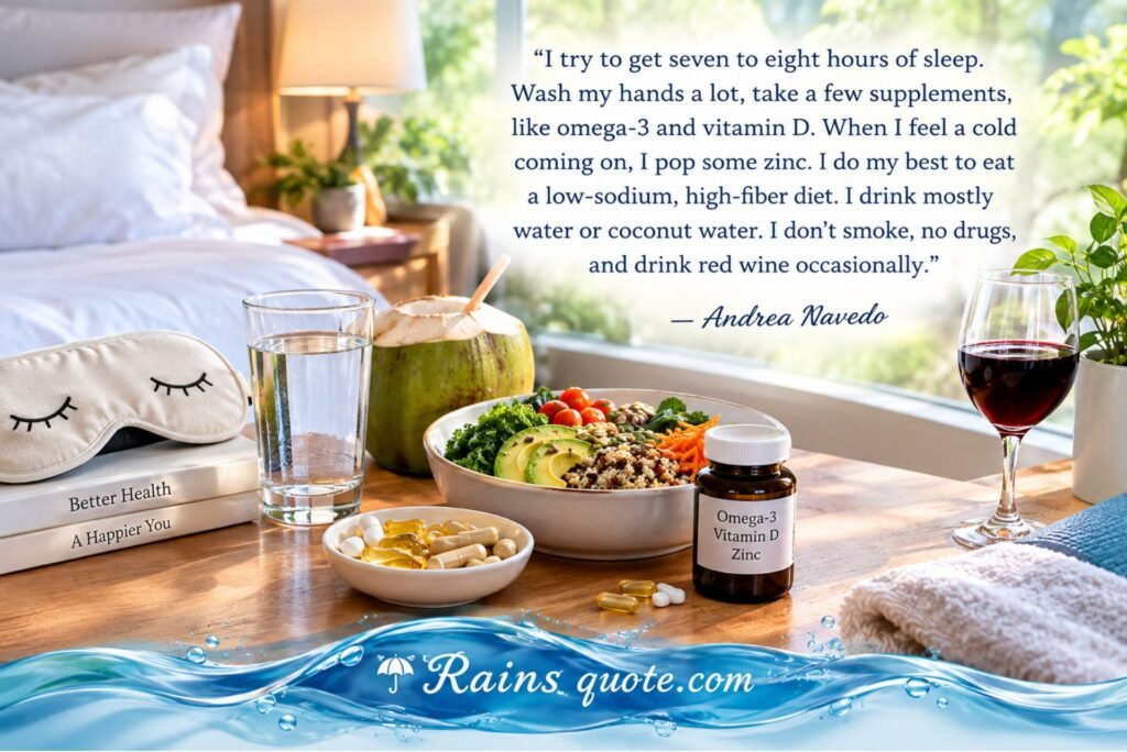 “I try to get seven to eight hours of sleep. Wash my hands a lot, take a few supplements, like omega-3 and vitamin D. When I feel a cold coming on, I pop some zinc. I do my best to eat a low-sodium, high-fiber diet. I drink mostly water or coconut water. I don't smoke, no drugs, and drink red wine occasionally.”