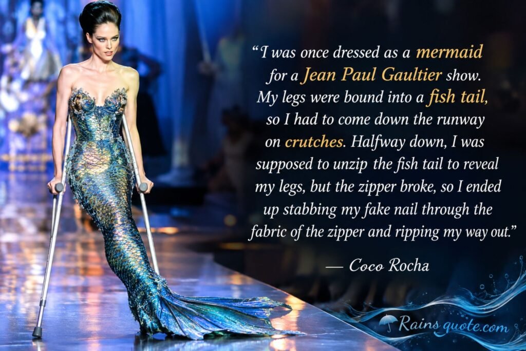 “I was once dressed as a mermaid for a Jean Paul Gaultier show. My legs were bound into a fish tail, so I had to come down the runway on crutches. Halfway down, I was supposed to unzip the fish tail to reveal my legs, but the zipper broke, so I ended up stabbing my fake nail through the fabric of the zipper and ripping my way out.”