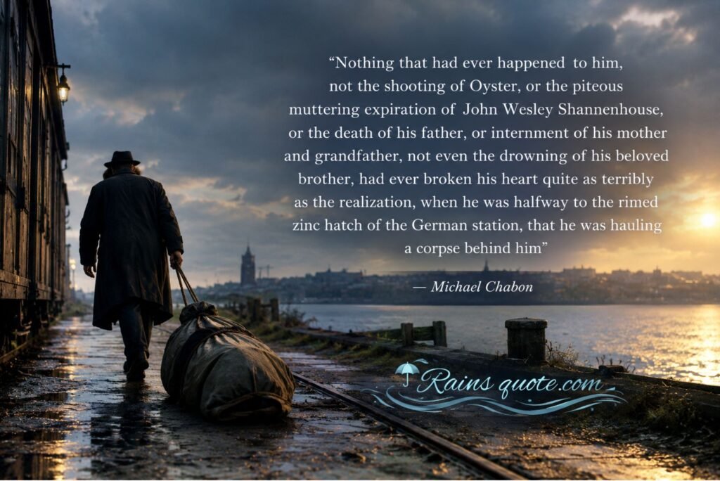 “Nothing that had ever happened to him, not the shooting of Oyster, or the piteous muttering expiration of John Wesley Shannenhouse, or the death of his father, or internment of his mother and grandfather, not even the drowning of his beloved brother, had ever broken his heart quite as terribly as the realization, when he was halfway to the rimed zinc hatch of the German station, that he was hauling a corpse behind him”