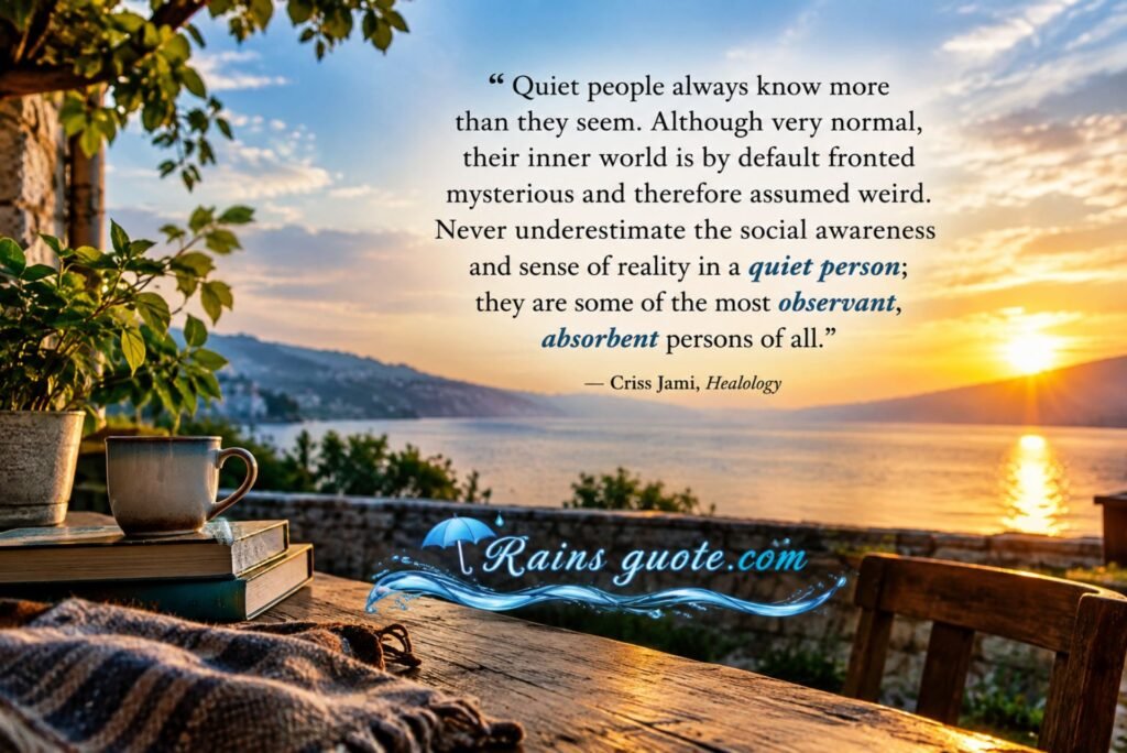 “Quiet people always know more than they seem. Although very normal, their inner world is by default fronted mysterious and therefore assumed weird. Never underestimate the social awareness and sense of reality in a quiet person; they are some of the most observant, absorbent persons of all.”