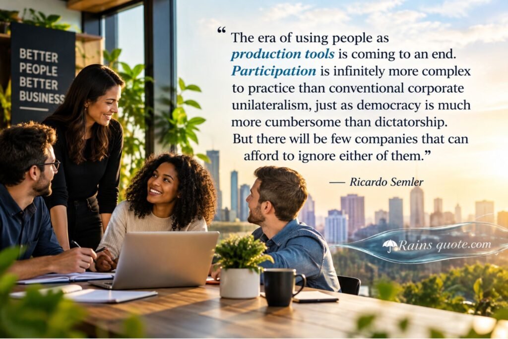 “The era of using people as production tools is coming to an end. Participation is infinitely more complex to practice than conventional corporate unilateralism, just as democracy is much more cumbersome than dictatorship. But there will be few companies that can afford to ignore either of them.”