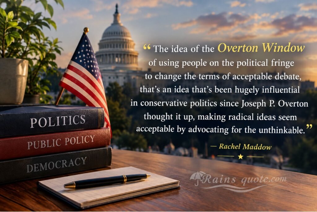 “The idea of the Overton Window of using people on the political fringe to change the terms of acceptable debate, that's an idea that's been hugely influential in conservative politics since Joseph P. Overton thought it up, making radical ideas seem acceptable by advocating for the unthinkable.”