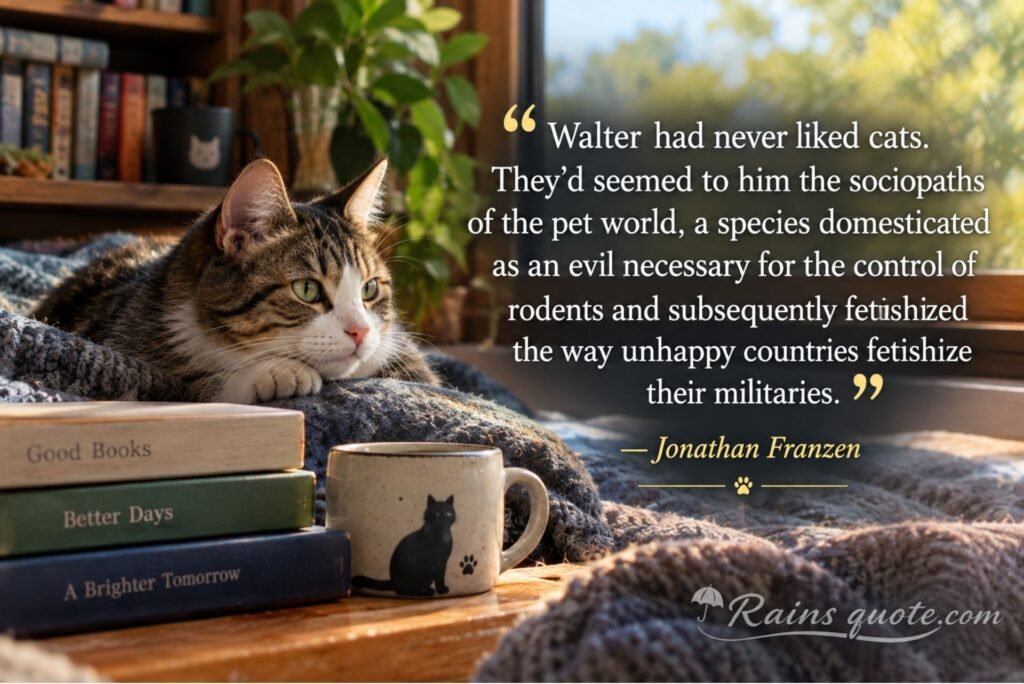 “Walter had never liked cats. They'd seemed to him the sociopaths of the pet world, a species domesticated as an evil necessary for the control of rodents and subsequently fetishized the way unhappy countries fetishize their militaries.”
