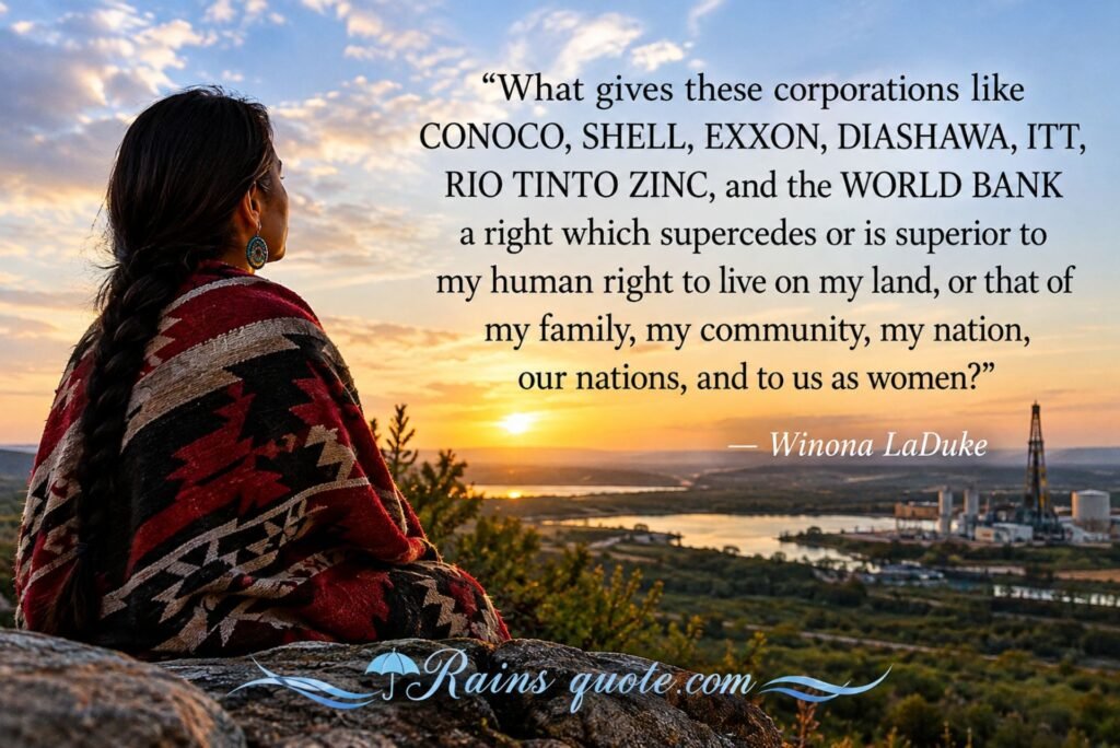 “What gives these corporations like CONOCO, SHELL, EXXON, DIASHAWA, ITT, RIO TINTO ZINC, and the WORLD BANK a right which supercedes or is superior to my human right to live on my land, or that of my family, my community, my nation, our nations, and to us as women?”