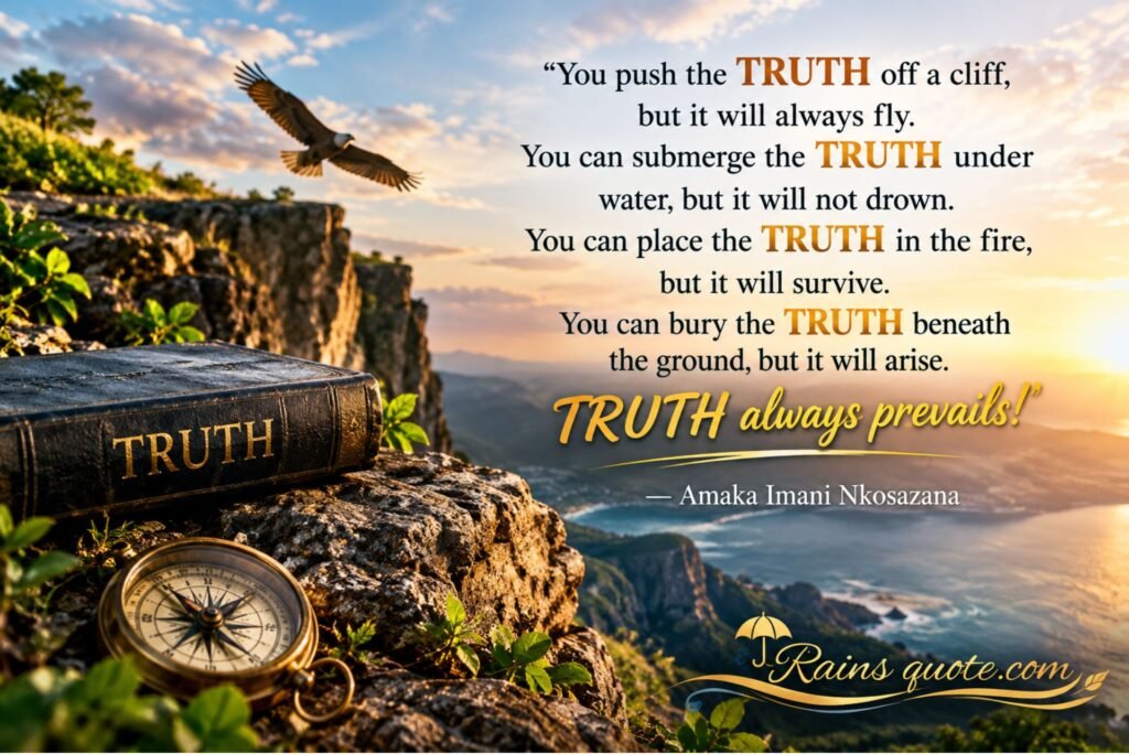 “You push the TRUTH off a cliff, but it will always fly. You can submerge the TRUTH under water, but it will not drown. You can place the TRUTH in the fire, but it will survive. You can bury the TRUTH beneath the ground, but it will arise. TRUTH always prevails!”