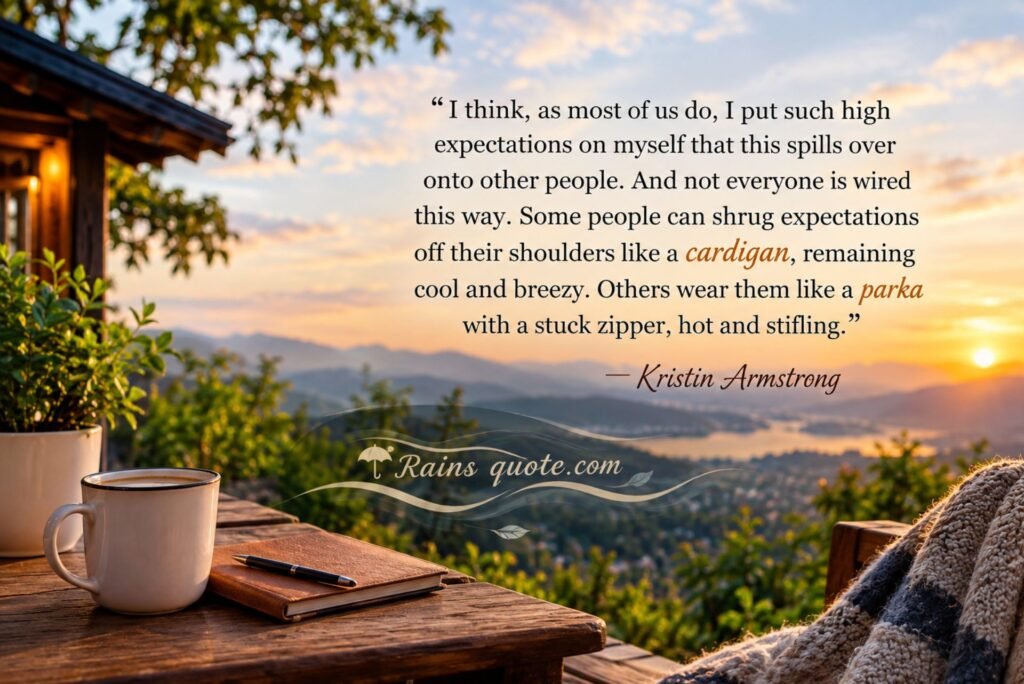 “I think, as most of us do, I put such high expectations on myself that this spills over onto other people. And not everyone is wired this way. Some people can shrug expectations off their shoulders like a cardigan, remaining cool and breezy. Others wear them like a parka with a stuck zipper, hot and stifling.”