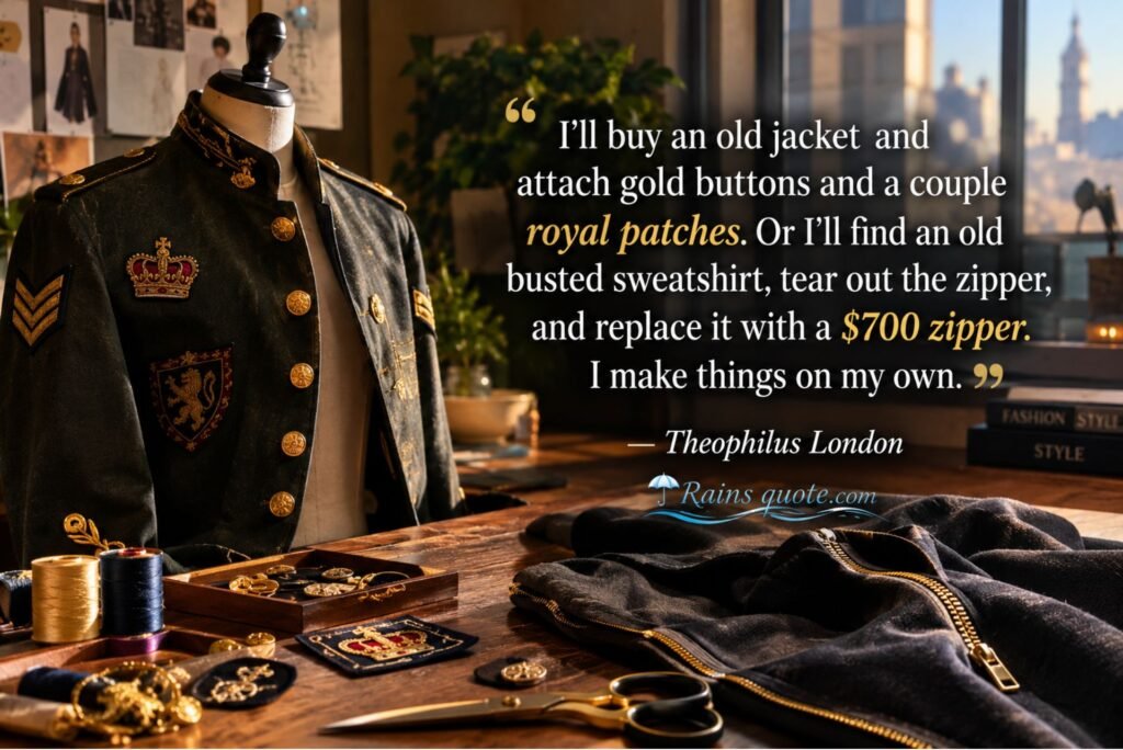 “I'll buy an old jacket and attach gold buttons and a couple royal patches. Or I'll find an old busted sweatshirt, tear out the zipper, and replace it with a $700 zipper. I make things on my own.”