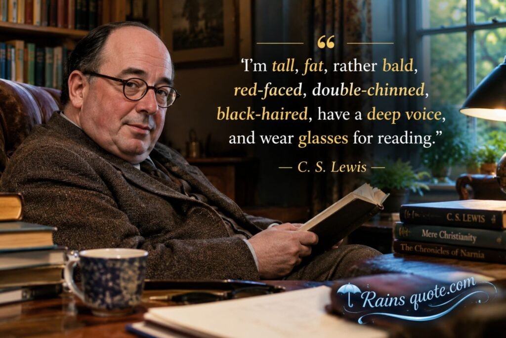 “I'm tall, fat, rather bald, red-faced, double-chinned, black-haired, have a deep voice, and wear glasses for reading.”