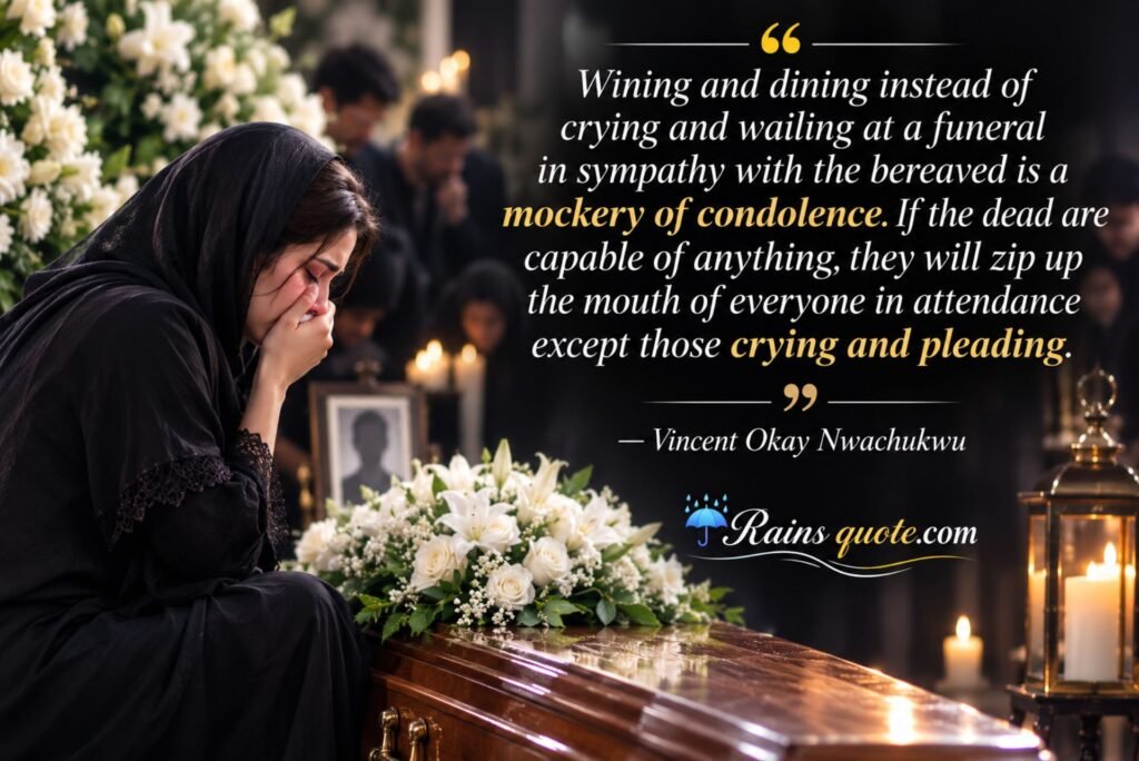 “Wining and dining instead of crying and wailing at a funeral in sympathy with the bereaved is a mockery of condolence. If the dead are capable of anything, they will zip up the mouth of everyone in attendance except those crying and pleading.”