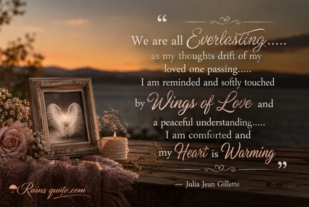 “We are all Everlasting.....as my thoughts drift of my loved one passing....I am reminded and softly touched by Wings of Love and a peaceful understanding..... I am comforted and my Heart is Warming”