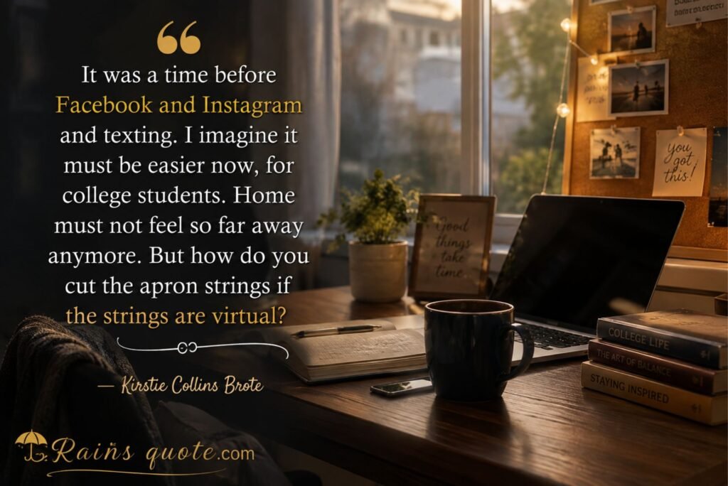  “It was a time before Facebook and Instagram and texting. I imagine it must be easier now, for college students. Home must not feel so far away anymore. But how do you cut the apron strings if the strings are virtual?”